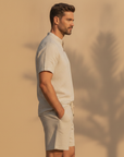 Completo Coordinato Uomo Colletto Coreana in Lino e Pantaloncini - vista laterale