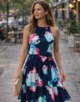 Abito rosa da donna – Collo halter senza maniche, taglio a linea A midi e cintura con tasche