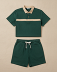 Completo Coordinato Uomo Camicia Colletto a Contrasto e Pantaloncini - Verde con Beige