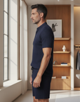 Completo Coordinato Uomo a Coste – Camicia Colletto Coreana e Pantaloncini - vista laterale