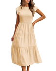 Greta Vestito Midi Donna – Girocollo, Maniche a Volant e Vita Elastica A-Line Estate