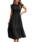 Greta Vestito Midi Donna – Girocollo, Maniche a Volant e Vita Elastica A-Line Estate