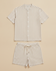 Completo Coordinato Uomo Camicia a Righe Verticali e Pantaloncini - Beige e Bianco