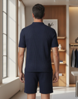 Completo Coordinato Uomo a Coste – Camicia Colletto Coreana e Pantaloncini - vista posteriore