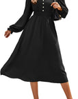 Vestito Emma Donna Midi – Vestito Scollo a V Maniche Lunghe Vita Alta A-Line Elegante