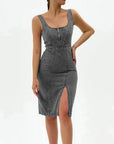 Vestito Sofia in Jeans Midi Donna – Vestito in Denim Attillato con Spacco e Spalline Regolabili