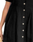 Vestito lungo da donna Glaiza in lino – Scollo a V, con bottoni, maniche corte, taglia grande, estate