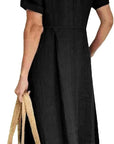 Vestito lungo da donna Glaiza in lino – Scollo a V, con bottoni, maniche corte, taglia grande, estate