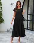 Vestaglia Lunga Donna Ginny – Plissettata, Collo Tondo & Tasche, Taglio Fluido, Estate Elegante