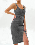 Vestito Sofia in Jeans Midi Donna – Vestito in Denim Attillato con Spacco e Spalline Regolabili