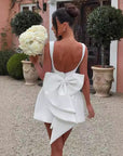 Abito mini donna a trapezio con schiena scoperta – senza maniche, fiocco perlato