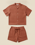 Completo Coordinato Uomo Camicia Lino Blend e Pantaloncini Comfort - Terracotta