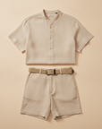 Completo Coordinato Uomo Camicia Lino Premium e Pantaloncini con Cintura - Beige Naturale