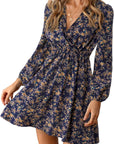 Vestito Lina Donna Floreale – Mini Abito Portafoglio con Scollo a V e Maniche Lunghe Elegante