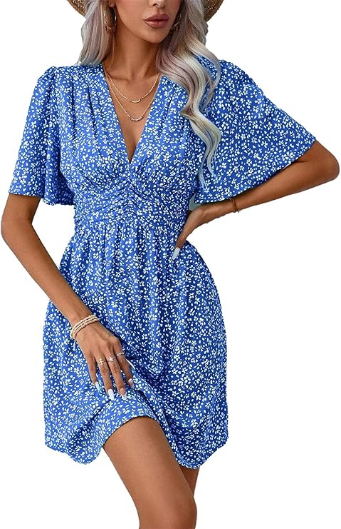 Abito da Donna Gala – Scollo a V, Maniche a Farfalla & Taglio A-Line con Vita Elastico Estate