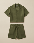 Completo Coordinato Uomo Camicia Cuban Collar Tinta Unita e Pantaloncini - Verde Oliva