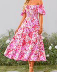 Juanna Abito Midi Donna Estate – Abito con Scollo Quadrato Arricciato, Maniche a Sbuffo e Volant