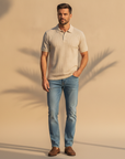 Polo Uomo Waffle Knit Testurizzata – Effetto Nido d'Ape Elegante - Beige - indossato