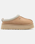UGG Tazz Sand ciabatte platform donna in pelle scamosciata e montone beige sand, vista laterale