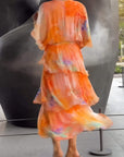 Grace | Abito lungo a balze in chiffon floreale da donna