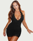 Mini abito da donna in pizzo – Scollo profondo halter con lacci