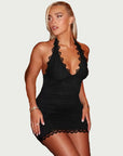 Mini abito da donna in pizzo – Scollo profondo halter con lacci