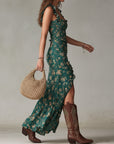 Isla | Abito lungo da donna boho con fiori, arricciato e spacco laterale