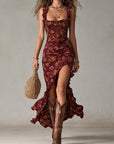 Isla | Abito lungo da donna boho con fiori, arricciato e spacco laterale