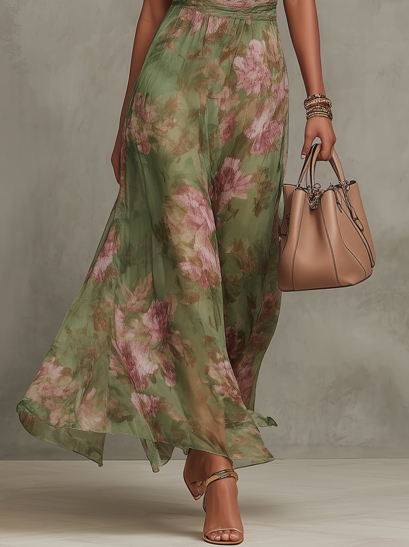 Abito lungo da donna con collo all'americana e stampa floreale