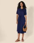 Vestito Donna Krishna – Taglio A-Line Sagomato, Maniche Corte e Gonna Midi Svasata con Tasche