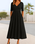Olivia | Vestito midi da donna con scollo a V, incrocio frontale e maniche corte