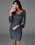 Mini abito bodycon con paillettes da donna – Scollo a V con frange