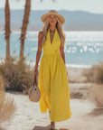Phoebe | Abito lungo da donna boho in cotone e lino con scollo all'americana