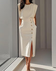 Phoebe | Vestito midi senza maniche da donna con bottoni