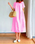 Rosie | Vestito midi estivo da donna in lino con maniche corte