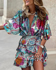 Mini abito boho donna in tessuto leggero – collo a V maniche a pipistrello
