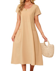 Vestito Maxi Sussie Donna Cotone – Vestito Estivo Girocollo, Taglio Ampio e Tasche Comode