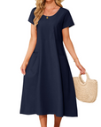 Vestito Maxi Sussie Donna Cotone – Vestito Estivo Girocollo, Taglio Ampio e Tasche Comode