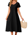 Vestito Maxi Sussie Donna Cotone – Vestito Estivo Girocollo, Taglio Ampio e Tasche Comode