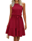 Abito rosa da donna – Collo halter senza maniche, taglio a linea A midi e cintura con tasche