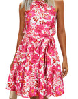 Abito rosa da donna – Collo halter senza maniche, taglio a linea A midi e cintura con tasche