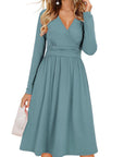Vestito Donna Regina – Scollo a V Tinta Unita, Maniche Lunghe e Taglio A-Line Midi con Tasche