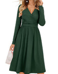 Vestito Donna Regina – Scollo a V Tinta Unita, Maniche Lunghe e Taglio A-Line Midi con Tasche