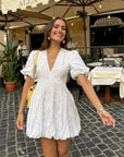 Vestito Mini Ricamato Bianco in Cotone da Donna – Maniche a Sbuffo Taglio Svasato