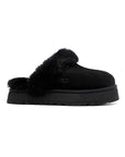 UGG Disquette Platform Black sabot platform donna in pelle scamosciata e montone nero, vista laterale