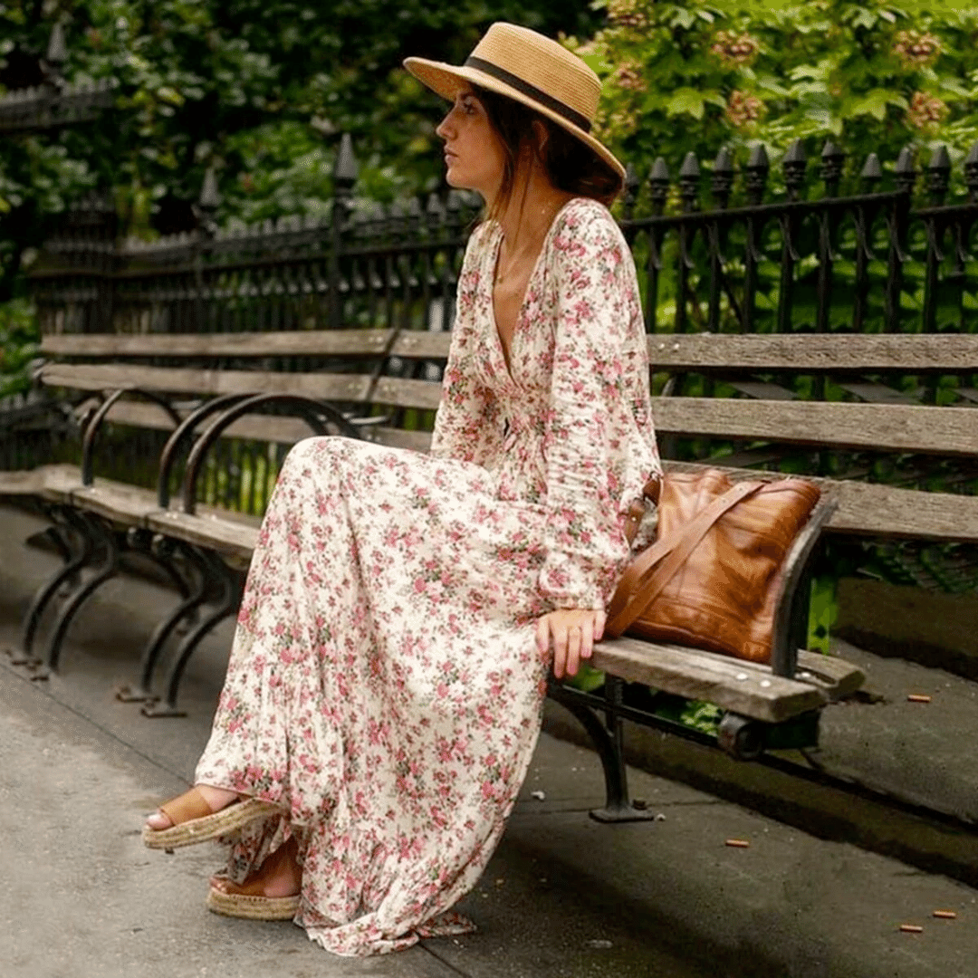 Sildora Abito Lungo Boho a Fiori Maniche Lunghe Donna - Vestito Rosa Estivo