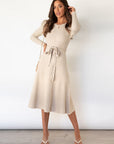 Vestito Midi Donna Dominica – Vestito Elegante Maniche Lunghe con Cintura e Taglio A-Line