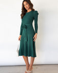 Vestito Midi Donna Dominica – Vestito Elegante Maniche Lunghe con Cintura e Taglio A-Line