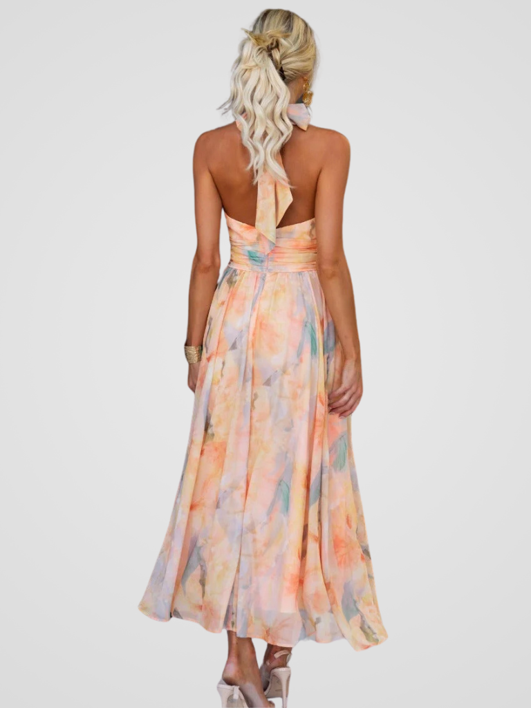 Abito Estivo Amarah Donna – Abito in Mussola con Scollo Halter e Stampa Pesca, Taglio Fluido ed Elegante