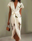 Sophie | Vestito midi incrociato a V con stampa foglie da donna